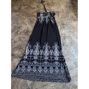 Majora Black White Paisley Halter Maxi Dress Small O-Ring Beaded Boho Summer